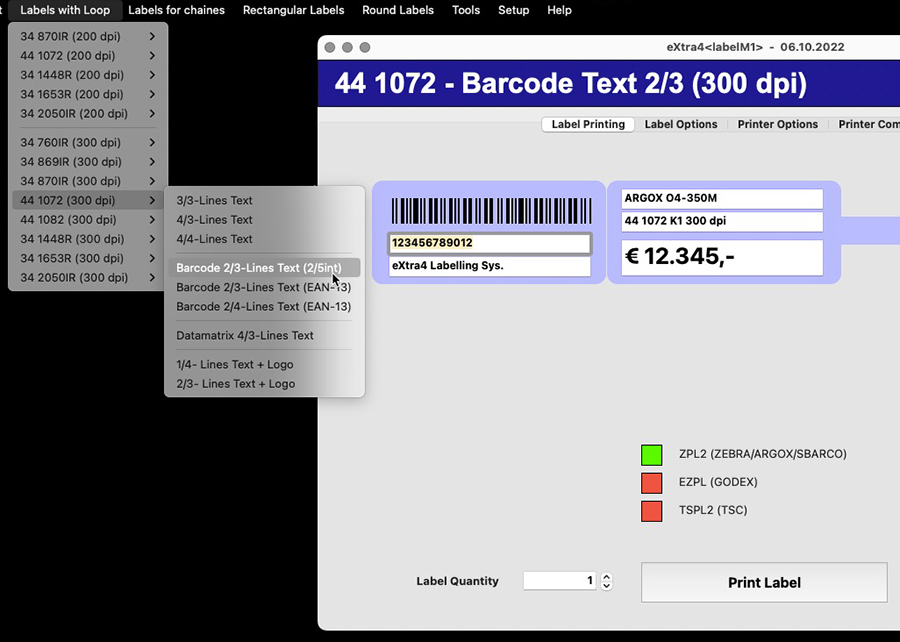 Fenster etikettendruck-software extra4-labelM1 Etiketten-Layout-Auswahl
